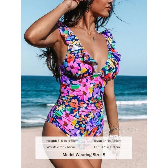 Women's  Black/Light Pink Ruffled One Piece Swimsuit V Neck Lace Up - Picture 4 of 6